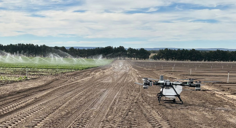 The DJI T100 agricultural spray drone parked on a dirt farm track with sprinklers running in the field beyond