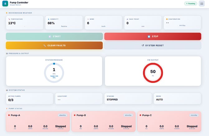 Pump Controller dashboard screen showing system status