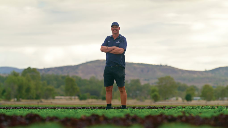 Steve Kluck standing in a lettuce field with mountains in the background