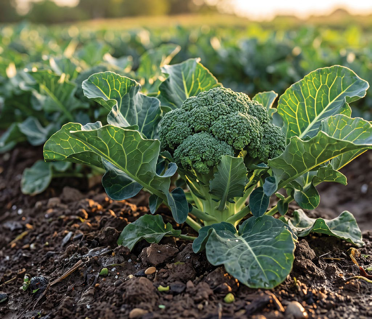 Broccoli plant growing in a Western Australian vegetable field at sunrise