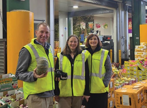 Field trip participants in high-visibility vests at a produce packing facility