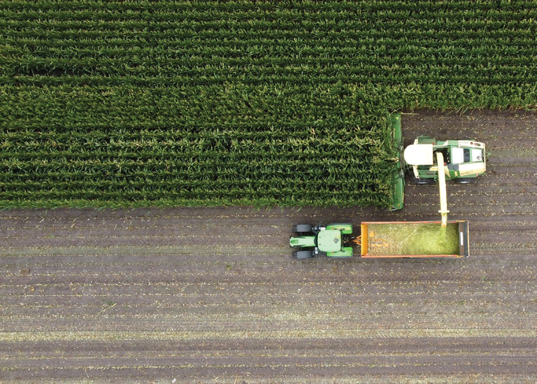 Aerial view of farm machinery harvesting crops in rows