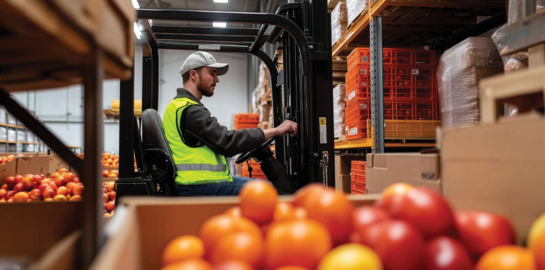 Forklift operator moving crates in a packhouse warehouse surrounded by fresh produce