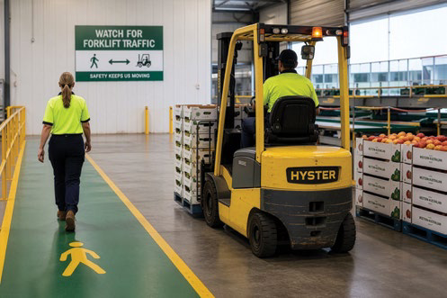A worker walking on a marked pedestrian walkway beside a forklift with warning signage