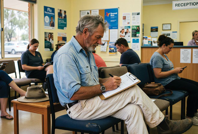 People sitting in a medical clinic waiting room, one man filling out a clipboard form