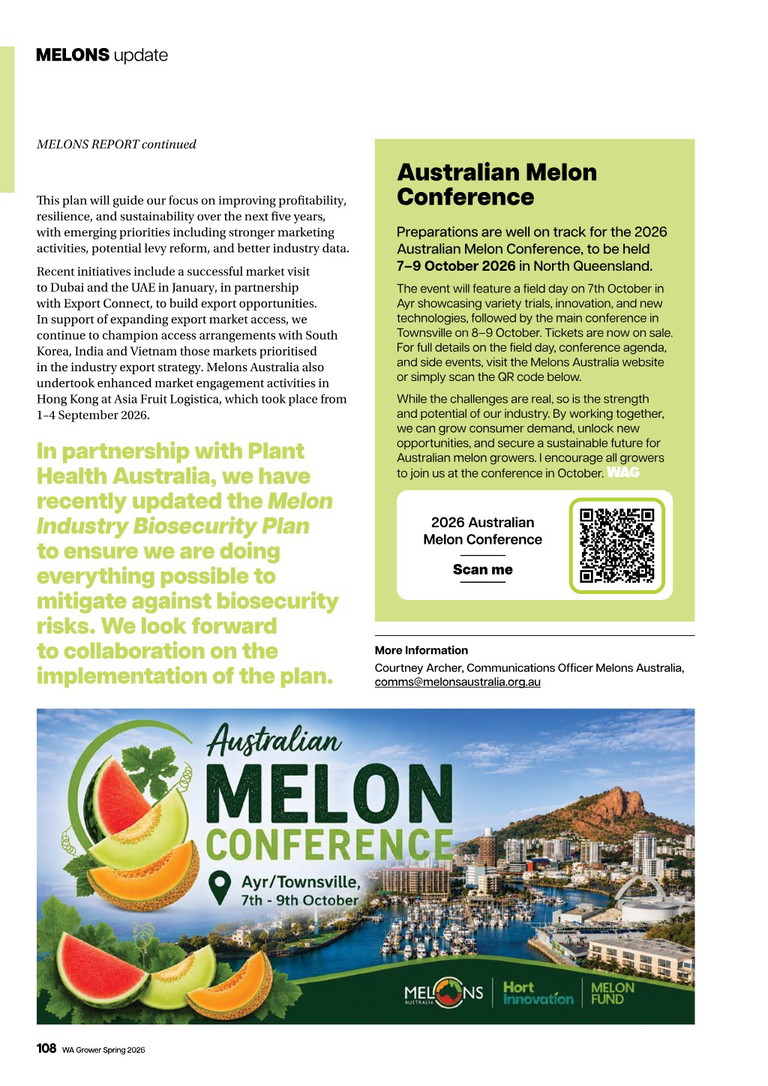 Australian Melon Conference advertisement, Ayr/Townsville 7th-9th October, featuring melon slices and Townsville skyline