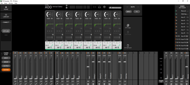 Figure 1: Inside the Yamaha TF5's offline editor – a look at the author's custom fader layer which includes wireless mics, lectern, several playback channels, VOG, matrix outputs and record busses.