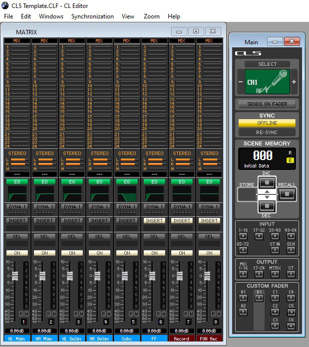 Figure 2: The author's matrix layer template in the Yamaha CL5 offline editor.