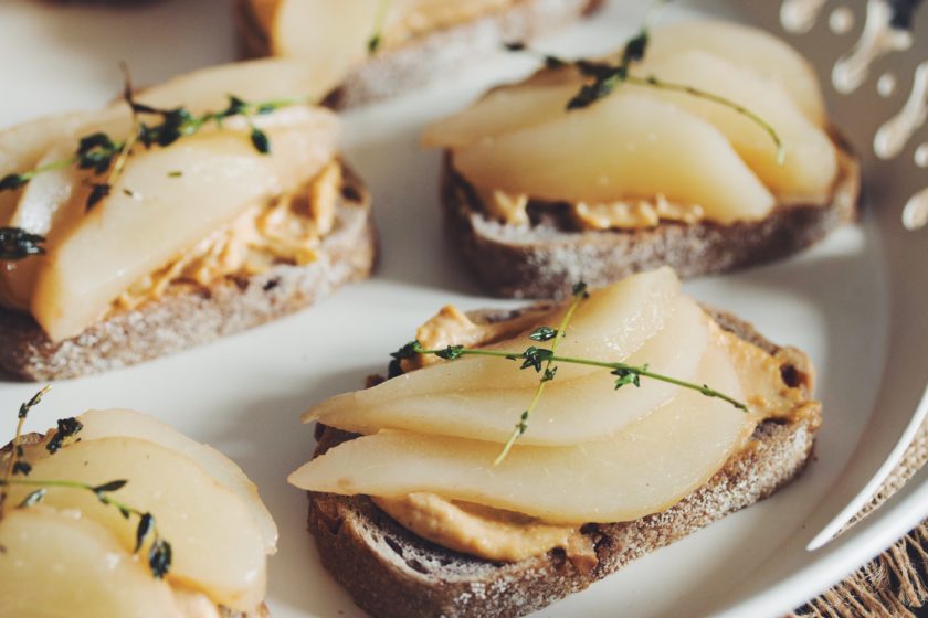 smoked cashew cheese toast with poached pear & fried thyme