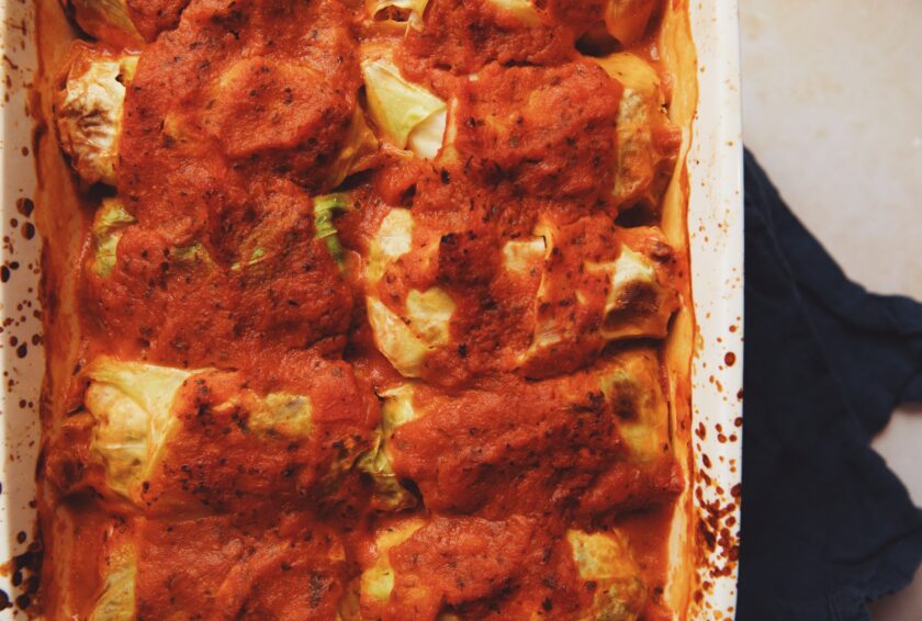 cabbage rolls with sunflower seed ricotta