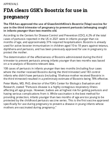 FDA clears GSK’s Boostrix for use in pregnancy