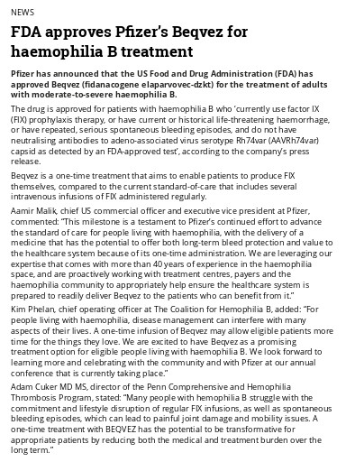 FDA Approves Pfizer’s Beqvez For Haemophilia B Treatment