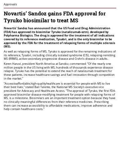 Novartis’ Sandoz gains FDA approval for Tyruko biosimilar to treat MS