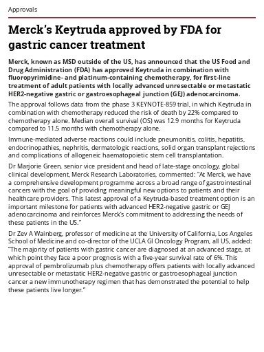 Keytruda For Stage 4 Stomach Cancer Merck’s Keytruda approved by FDA for gastric cancer treatment